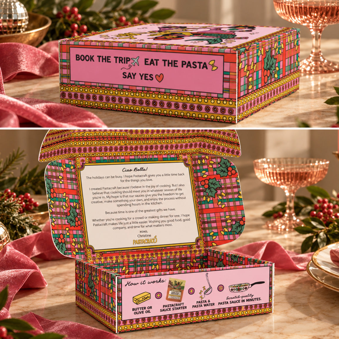 Pastacraft limited-edition holiday pasta sauce gift box packaging