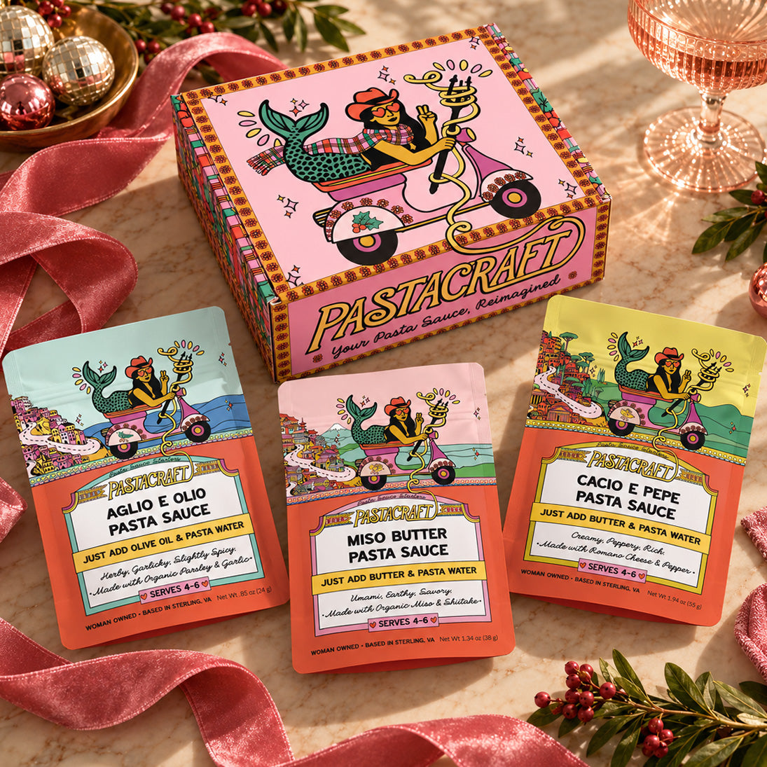 Pastacraft limited-edition holiday pasta sauce gift box packaging