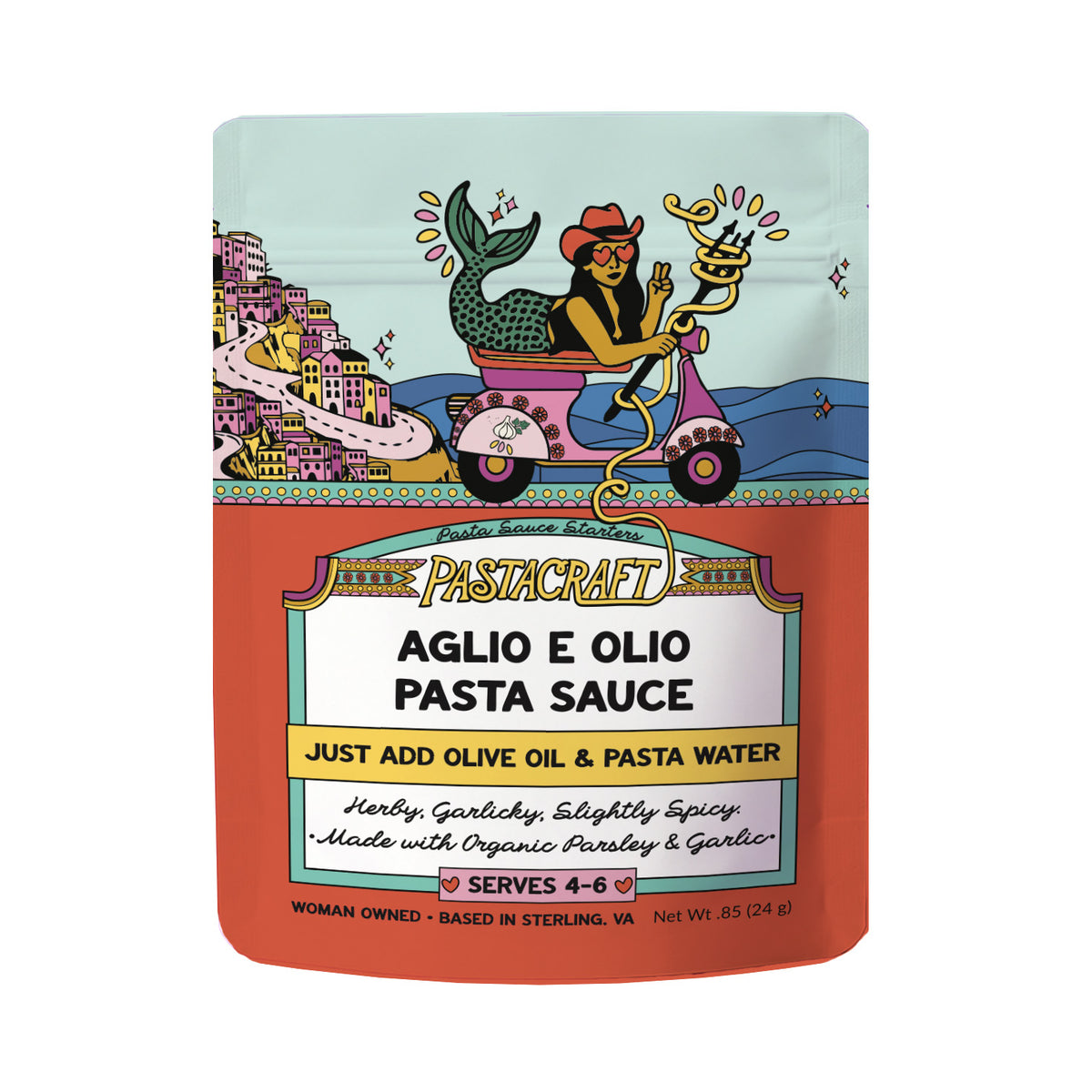 A stand-up pouch of Pastacraft Aglio E Olio Pasta Sauce, featuring a colorful illustration of a mermaid on a scooter above the text 'JUST ADD OLIVE OIL & PASTA WATER'. Aglio e Olio pasta made with Pastacraft pasta sauce starter
