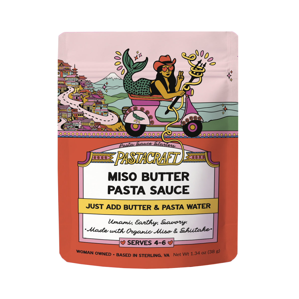 A stand-up pouch of Pastacraft Miso Butter Pasta Sauce on a plain white background. The packaging features a pink top section with an illustration of a mermaid riding a scooter, and a terracotta orange bottom section with a white and yellow label.