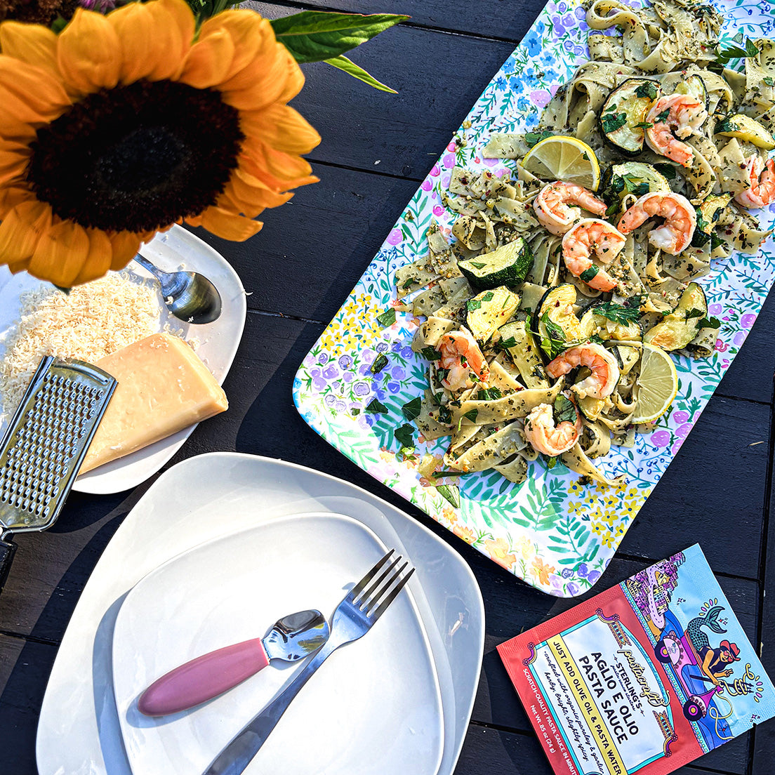Aglio e Olio pasta made with Pastacraft pasta sauce starter with shimp