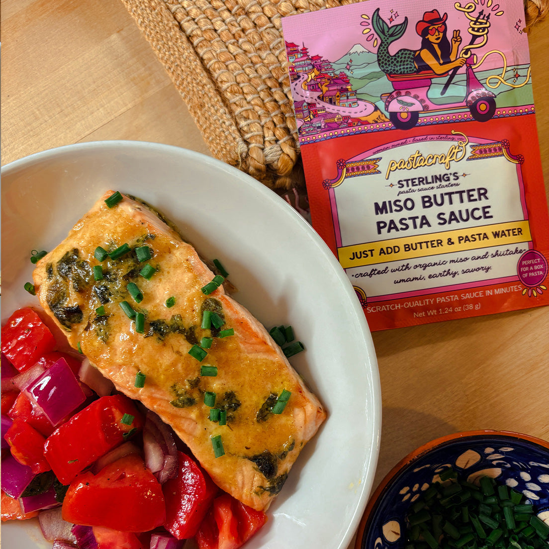 Miso Butter pasta made with Pastacraft pasta sauce starter with miso butter salmon and tomato salad