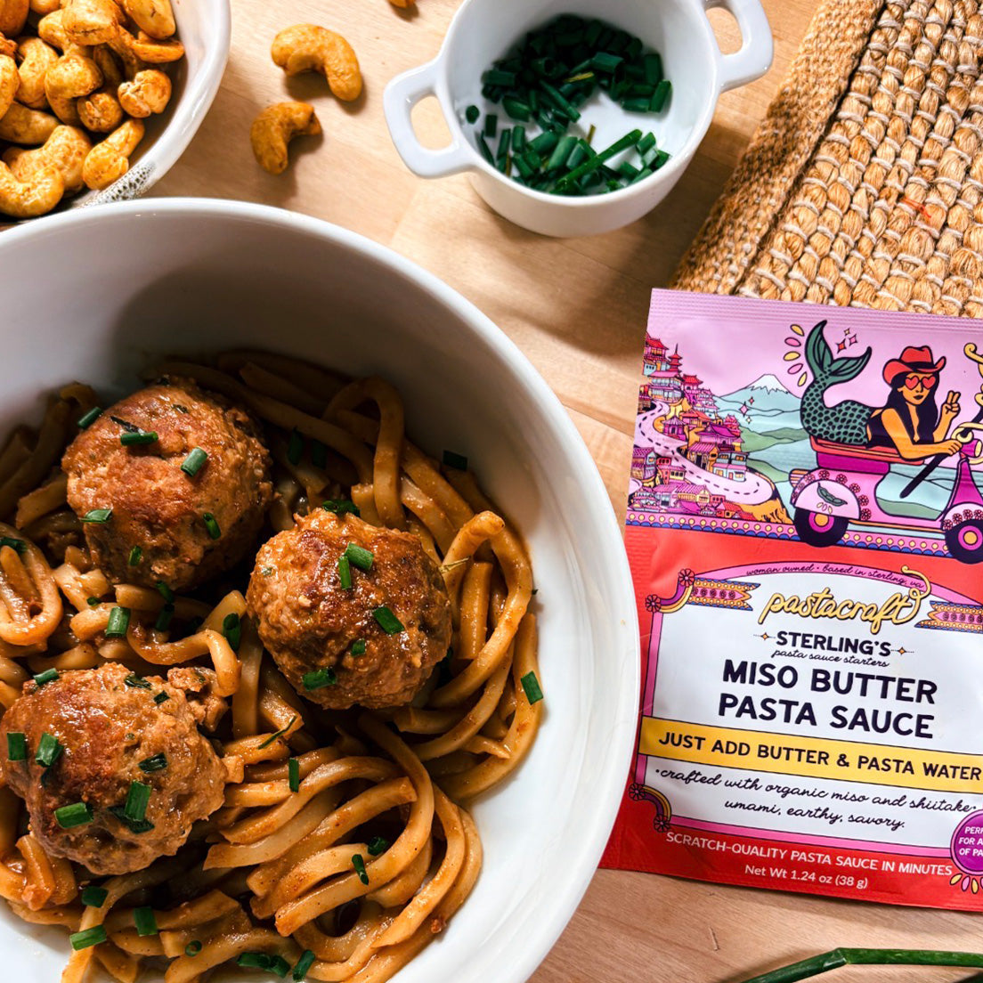 Miso Butter pasta with udon noodles and Asian turkey meatballs made with Pastacraft pasta sauce starter