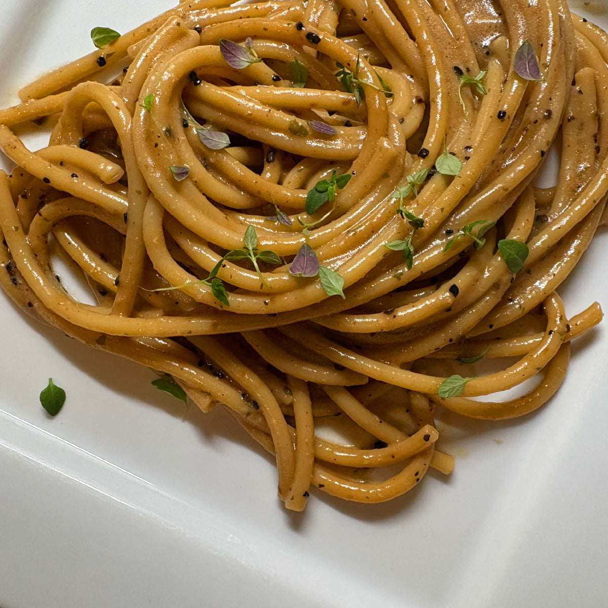 Miso Butter pasta made with Pastacraft pasta sauce starter. Pasta with Pastacraft Organic Miso Butter sauce starter topped with fresh microgreens.