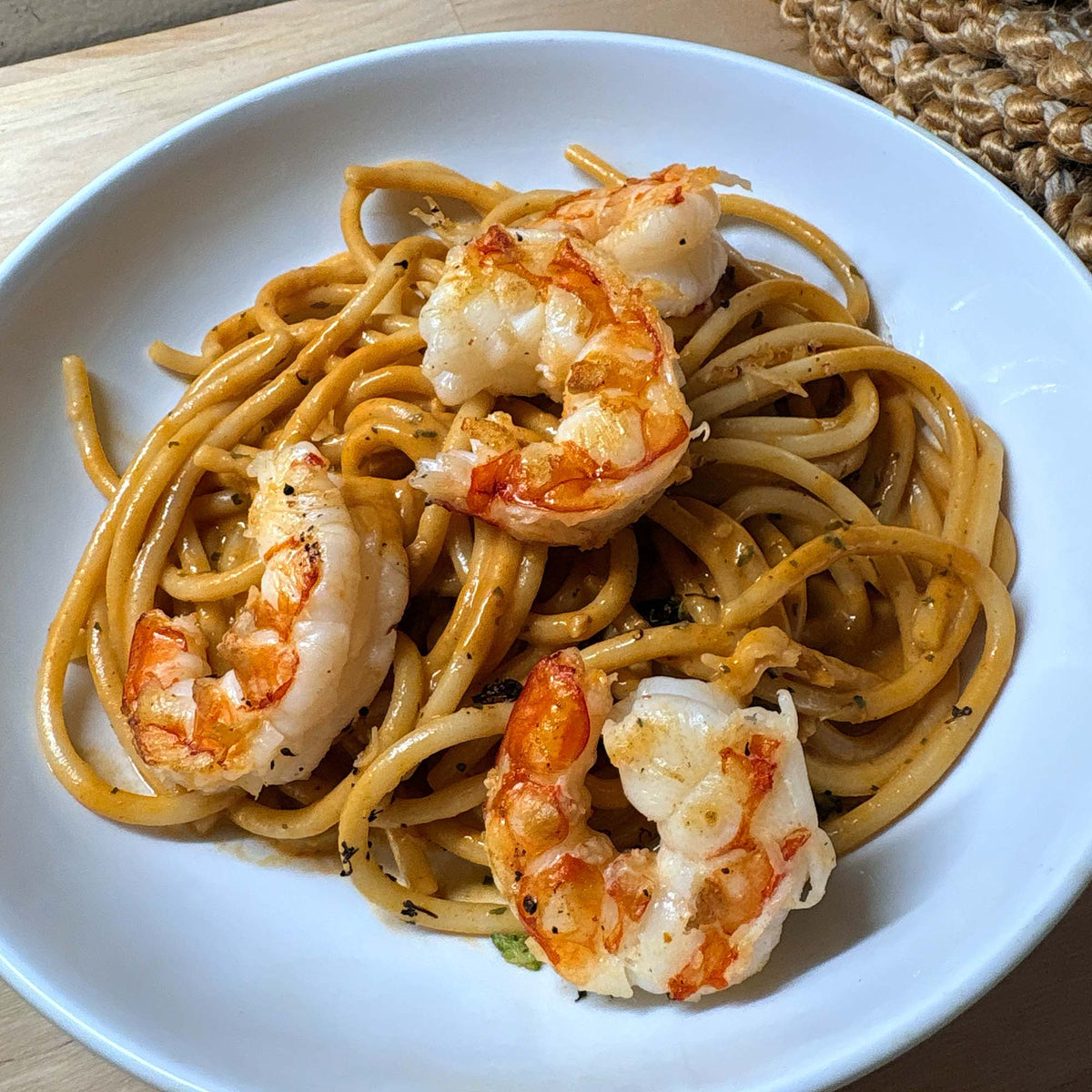 Miso Butter pasta with shrimp made with Pastacraft pasta sauce starter